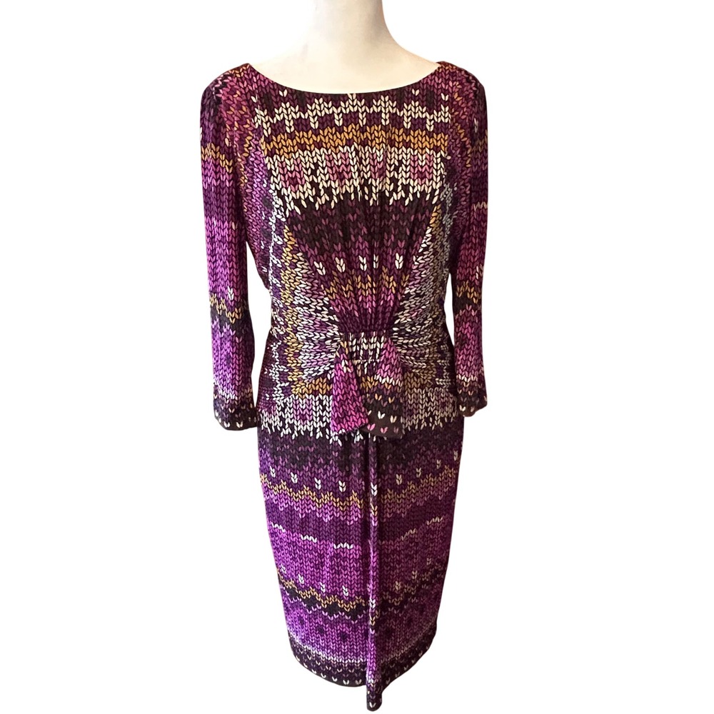 David Meister Sheath Dress Womens 6 Purple Knotted‎ Waist Knit Print